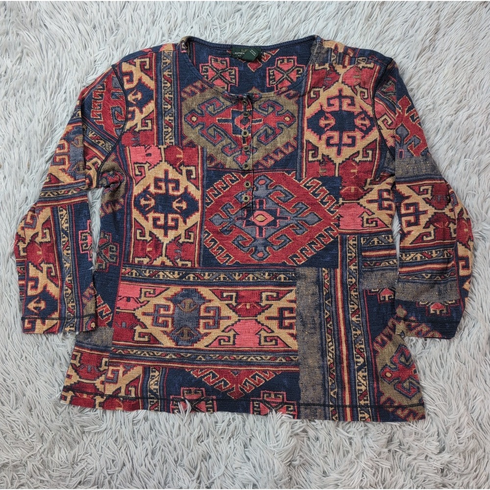 Vintage LRL Shirt Womens M Aztec Tapestry Casual Comfort Soft Stretch